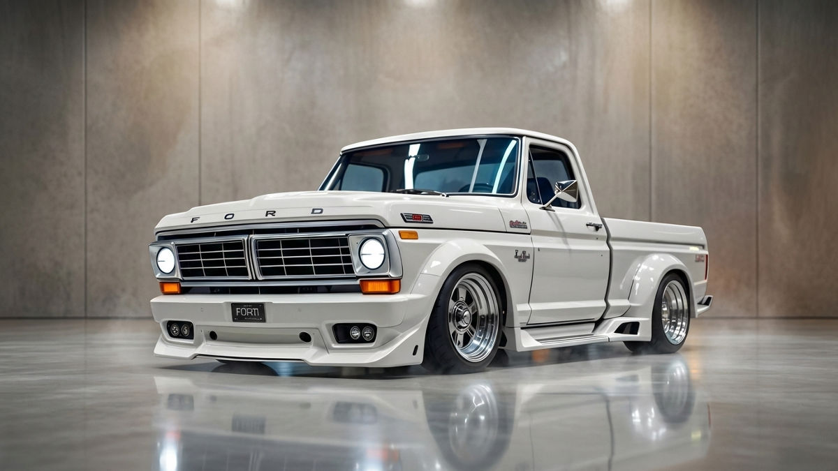 2026 Ford F-100 retro-styled pickup truck on road
